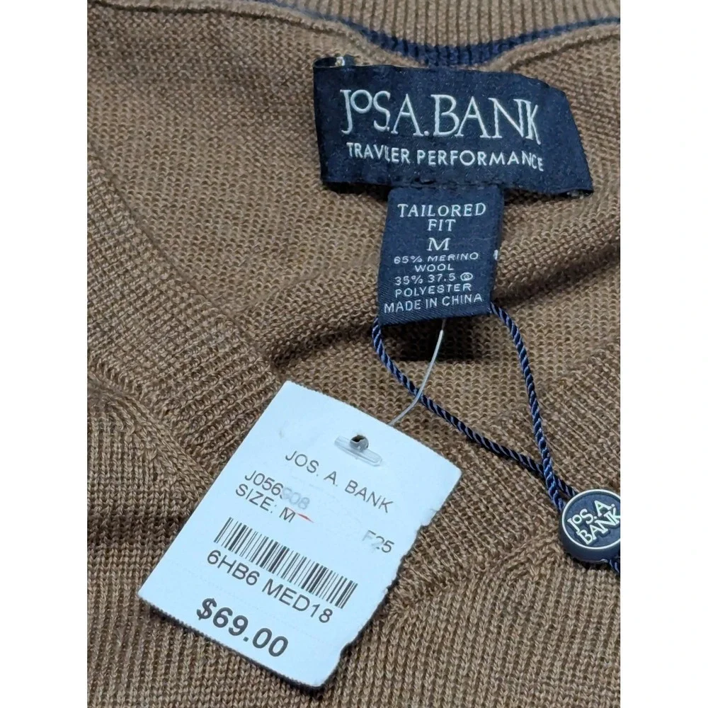 Jos A Bank Traveler Performance Merino Wool V-Neck Sweater Brown Mens Medium NEW